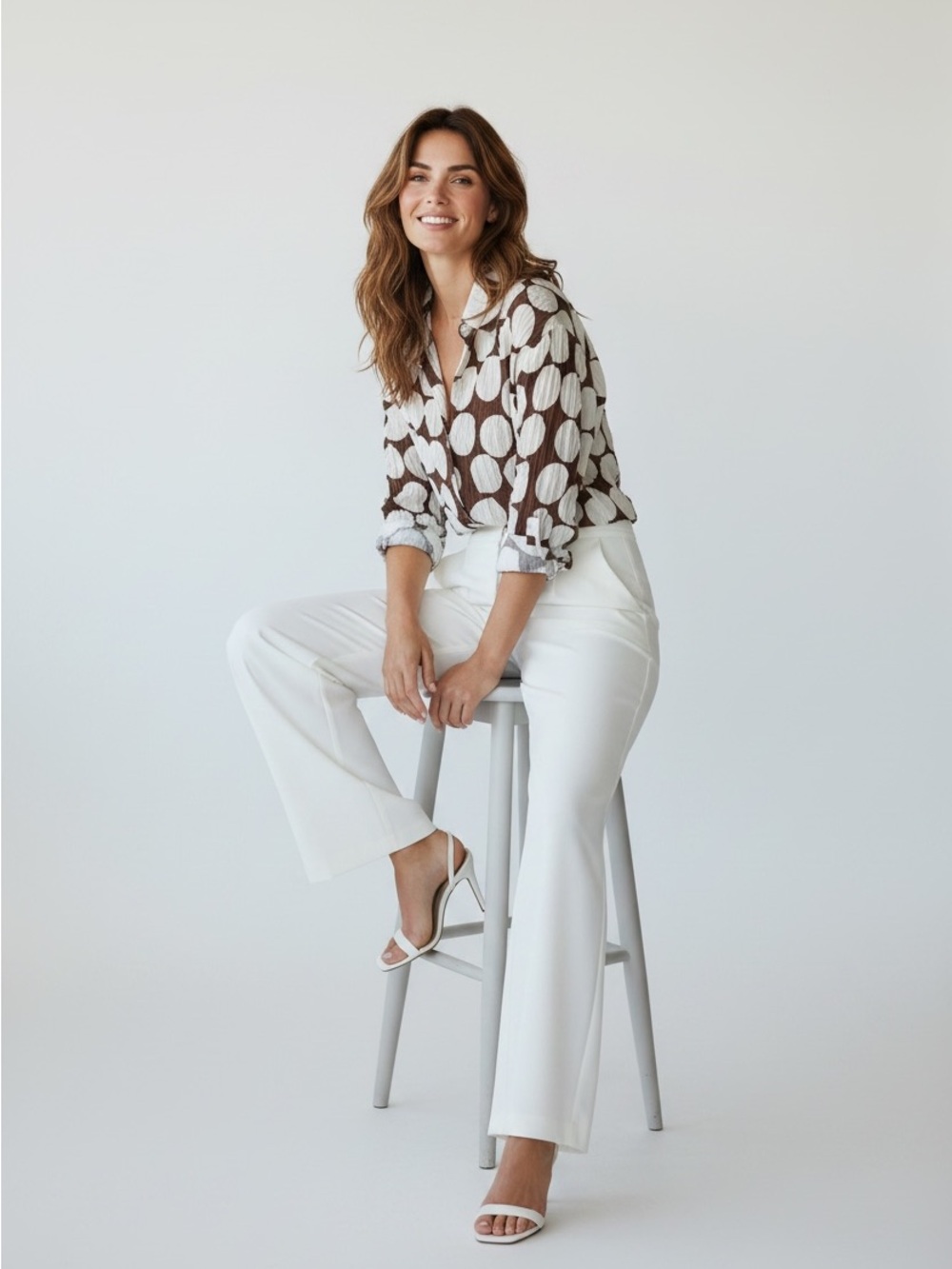 NWT Brown and White Circle-Print‎ Button-Down Blouse